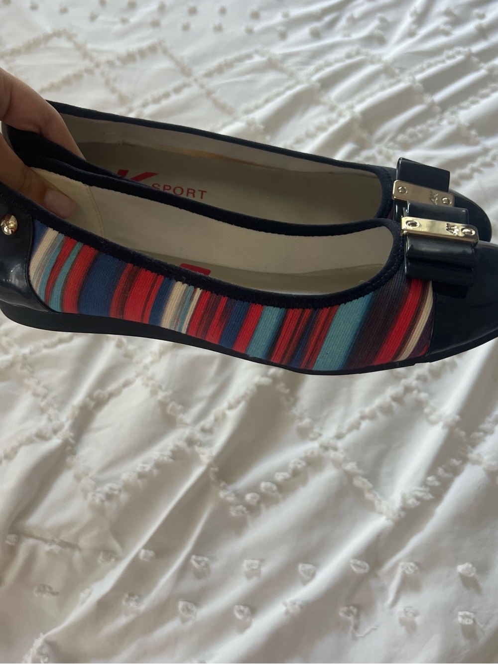 Anne Klein Multicolor Stripe Ballet Flats with Black Patent Toe - Picture 2 of 4